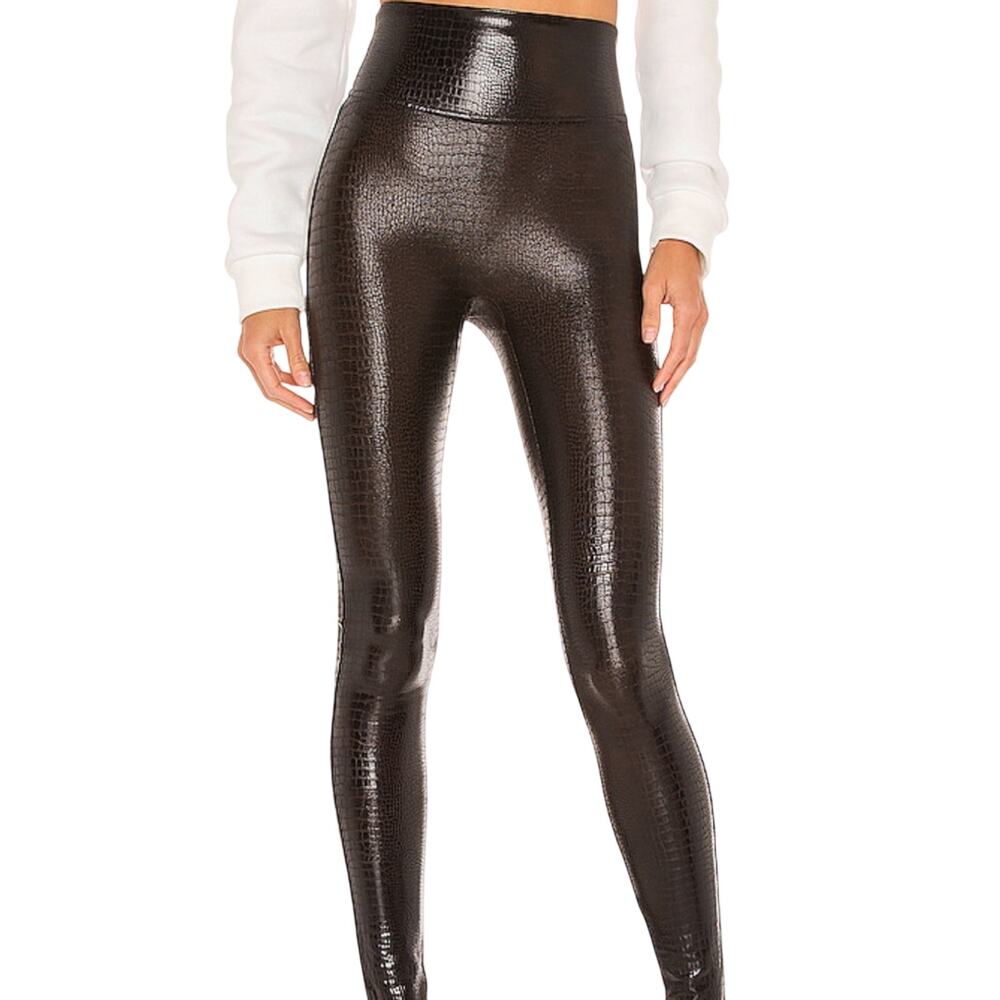 Spanx Textured Brown Faux Leather Croc Shine Leggings Size M - Picture 1 of 4